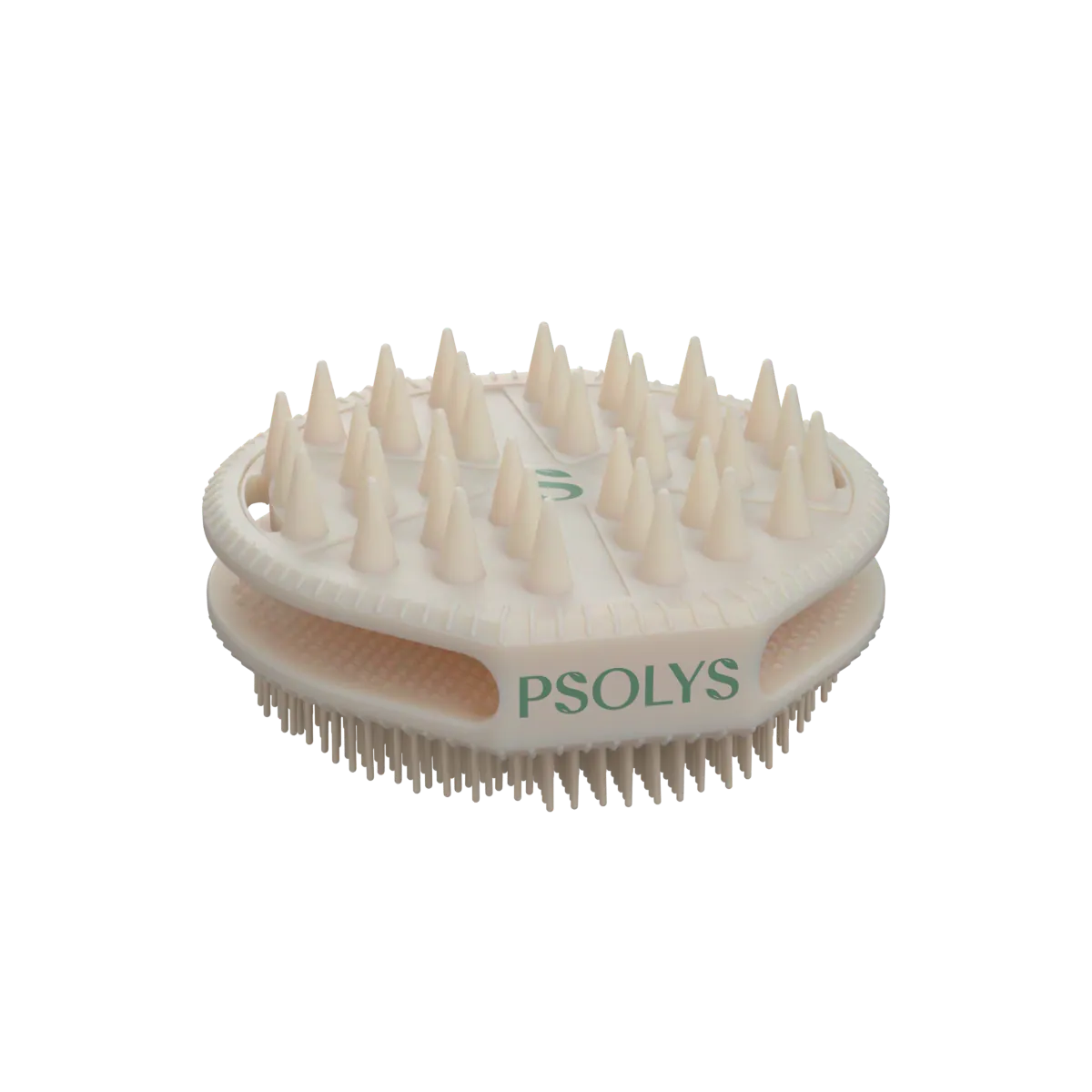 La Brosse Rituel N°1 en silicone crème, vue de trois quarts, le mot PSOLYS imprimé en vert sauge sur la poignée